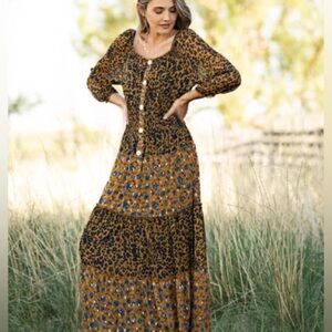 Sheer Fig & Flower @ Anthropologie Women S Cottagecore Dress Smocked Tiered Leop